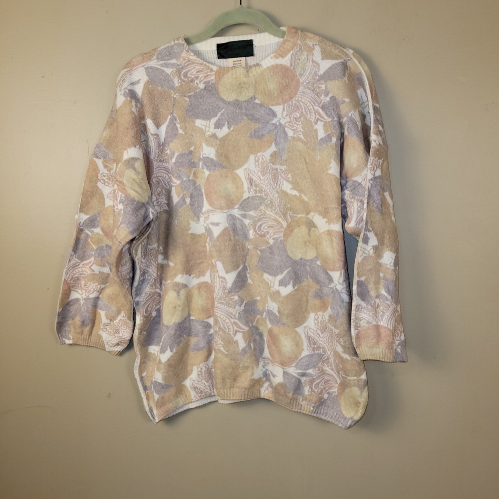 Vintage Silvano Italy Sweater Womens‎ Large Beige Fruit Print Cotton Acrylic...